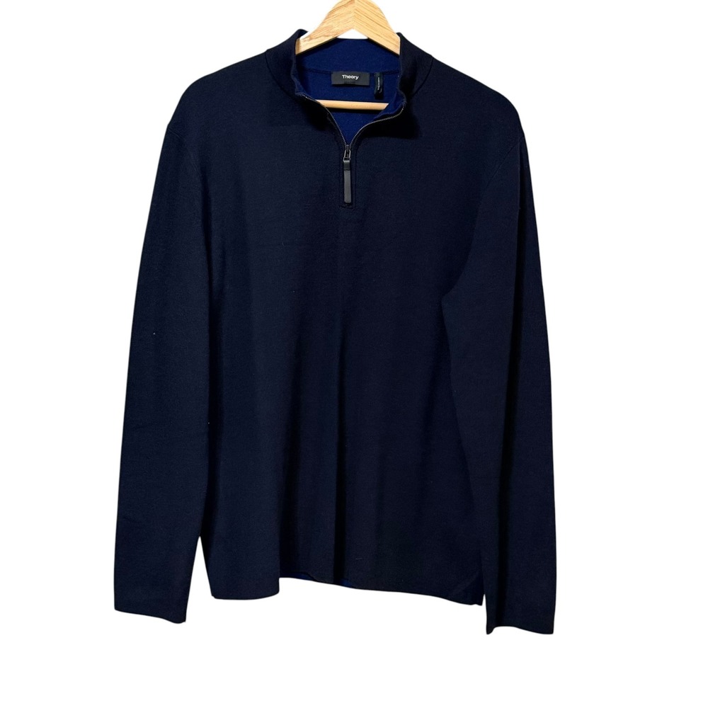 Theory Mens Detroe Zip Milos M Navy Blue Merino Wool Quarter Zip Sweater XL